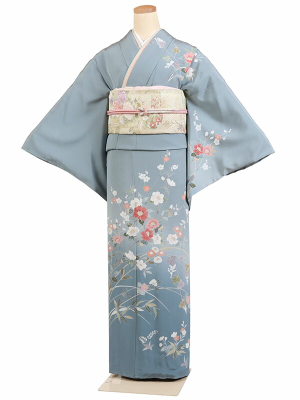レンタル 訪問着 身長：155～165cm 正絹 グレー系 四季花 着物 母親 結婚式 入学式 卒業式 お宮参り 七五三 h-1084