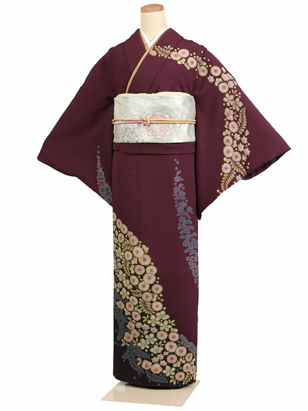 レンタル 訪問着 身長：155～165cm 正絹 えんじ系 辻が花 着物 母親 結婚式 入学式 卒業式 お宮参り 七五三 h-1085