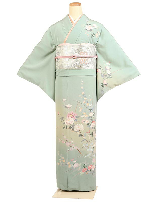 レンタル 訪問着 身長：155～161cm 正絹 黄緑系 着物 母親 結婚式 入学式 卒業式 お宮参り 七五三 h-1090