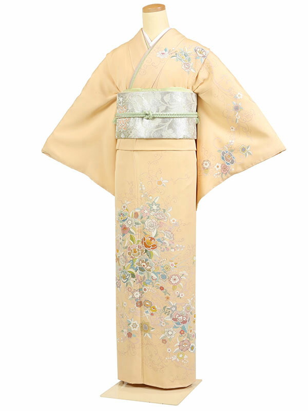 レンタル 訪問着 身長：155～165cm 正絹 薄オレンジ系 更紗風 着物 母親 結婚式 入学式 卒業式 お宮参り 七五三 h-1094