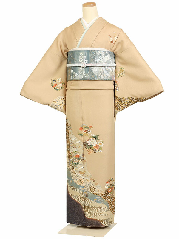 レンタル 訪問着 身長：155～165cm 正絹 からし系 古典 着物 母親 結婚式 入学式 卒業式 お宮参り 七五三 h-1102