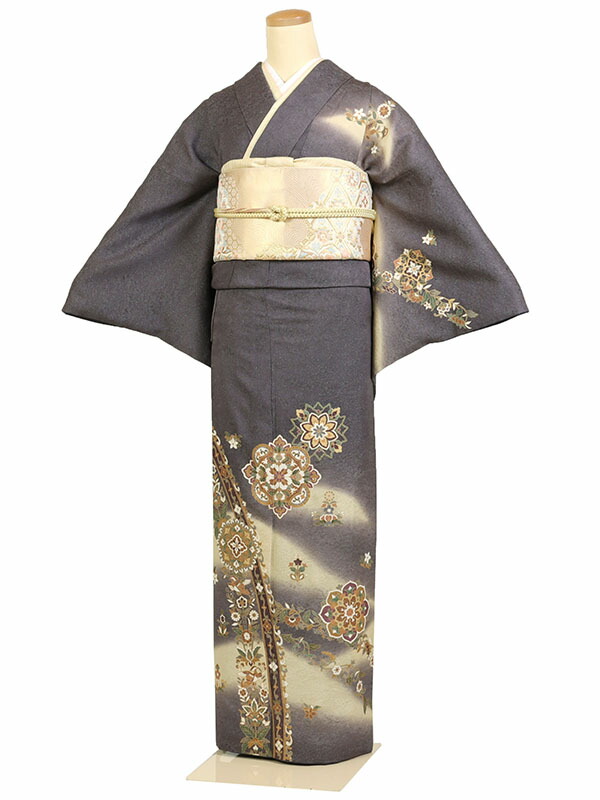 レンタル 訪問着 身長：155～165cm 正絹 グレー系 華文 着物 母親 結婚式 入学式 卒業式 お宮参り 七五三 h-1103