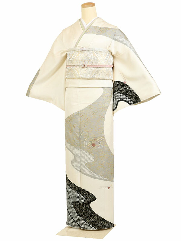 レンタル 訪問着 身長：155～165cm 正絹 アイボリー系 刺繍 着物 母親 結婚式 入学式 卒業式 お宮参り 七五三 h-1105