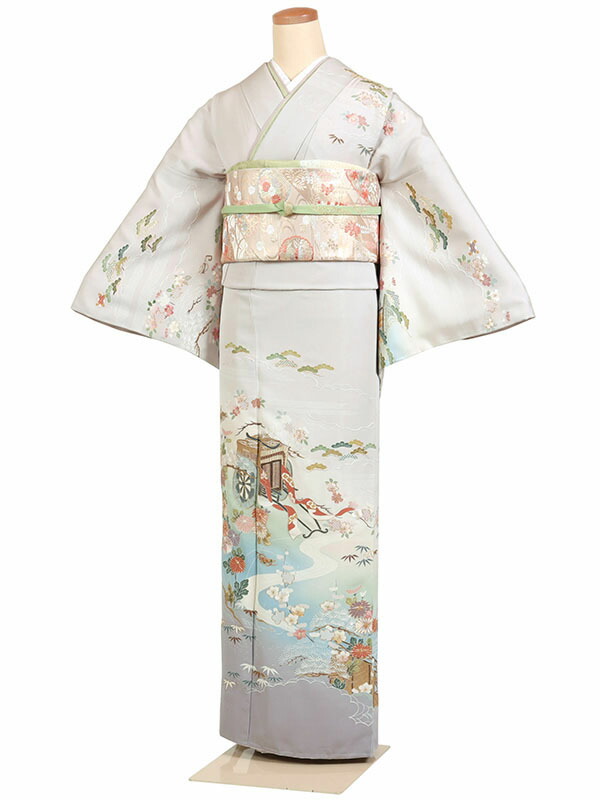 レンタル 訪問着 身長：155～165cm 正絹 グレー系 刺繍 着物 母親 結婚式 入学式 卒業式 お宮参り 七五三 h-1118