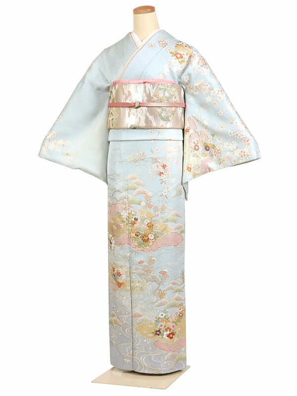 レンタル 訪問着 身長：155～165cm 正絹 水色系 着物 母親 結婚式 入学式 卒業式 お宮参り 七五三 h-1119