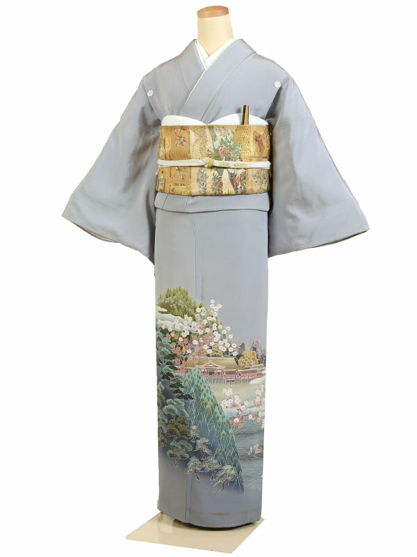 【レンタル】【色留袖 グレー系・風景・厳島神社】五つ紋 色留袖レンタル 着物レンタル 結婚式 披露宴 食事会 表彰式 褒章 貸衣装 貸衣裳 オススメ 式典 留袖フルセット 色留め袖 第一礼装 和服 母 若い 新婦姉妹 親戚 祖母 親族 チャペル 安い 往復送料無料 it0174