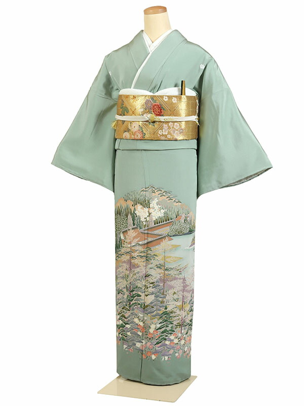 【レンタル】【色留袖 緑系・風景画・四季花など】五つ紋 色留袖レンタル 着物レンタル 結婚式 披露宴 食事会 表彰式 褒章 貸衣装 貸衣裳 オススメ 式典 留袖フルセット 色留め袖 第一礼装 和服 母 若い 新婦姉妹 親戚 祖母 親族 チャペル 安い 往復送料無料 it0179