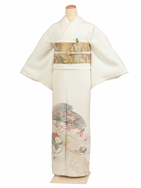 【レンタル】【色留袖  アイボリー系・扇面】 五つ紋 色留袖レンタル 着物レンタル 結婚式 披露宴 食事会 表彰式 褒章 貸衣装 貸衣裳 オススメ 式典 留袖フルセット 色留め袖 第一礼装 和服 母 若い 新婦姉妹 親戚 祖母 親族 チャペル 安い 往復送料無料 it0214