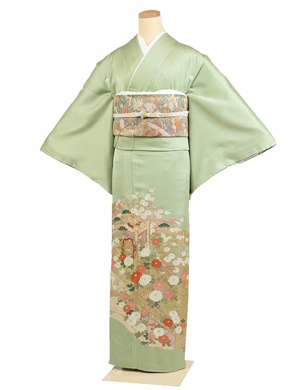 【色留袖・緑系 ・御所車・四季花】五つ紋 色留袖レンタル 着物レンタル 結婚式 披露宴 食事会 表彰式 褒章 貸衣装 貸衣裳 オススメ 式典 留袖フルセット 色留め袖 第一礼装 和服 母 若い 新婦姉妹 親戚 祖母 親族 チャペル 安い 往復送料無料 it0222