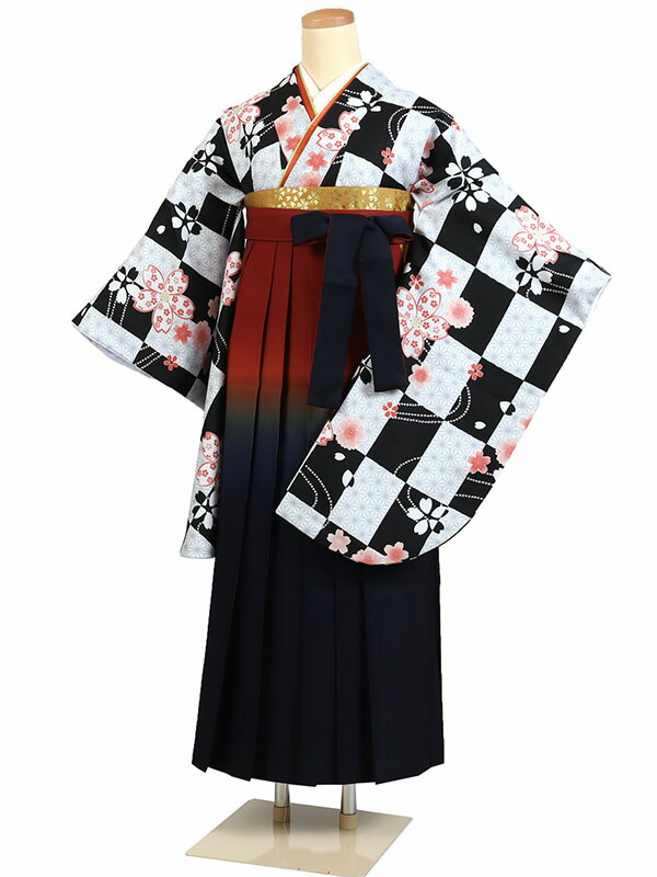 【レンタル】【卒業式袴 白黒・桜花市松×赤紺ぼかし袴】卒業式 袴 レンタル 卒業袴 女袴 卒業式袴セット 大学生 短大 教員 先生 二尺袖袴フルセット 専門学生 謝恩会 高校 文化祭 個性 おしゃれ 被らない 往復送料無料 n651