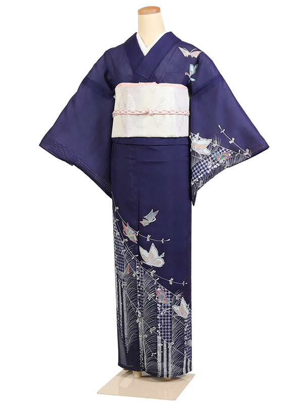 ゆったりLLサイズ 夏着物 165cm 絽 紺 正絹付下げ訪問着 a228 ゆったり
