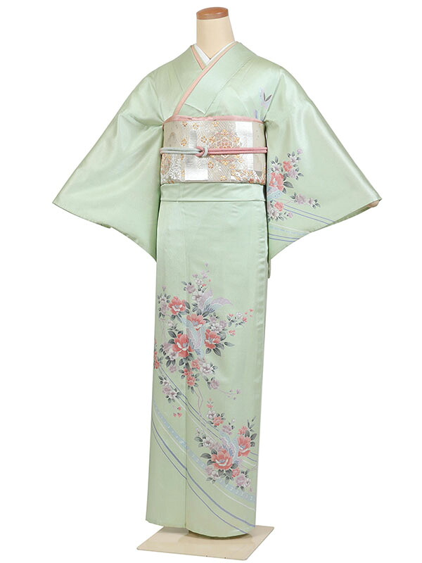 レンタル 訪問着 単衣 夏物 身長：145～155cm 緑系 母親 着物 結婚式 お宮参り as-0205