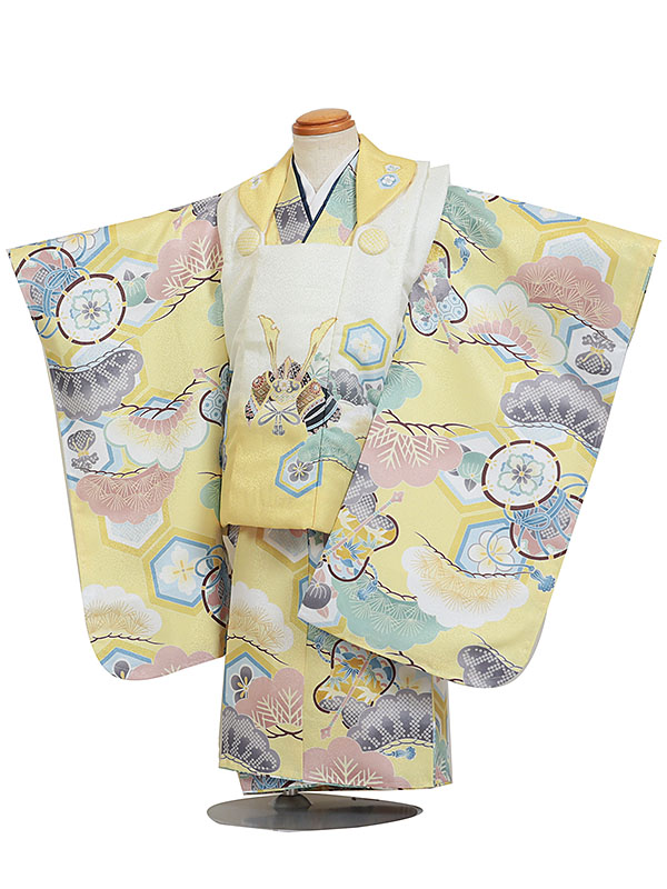 【レンタル】被布 男児 3歳用 七五三 白黄系×黄系 兜 松 鼓 身長90～100cm 被布セット 男の子 753 七五三兄弟 d3-0135
