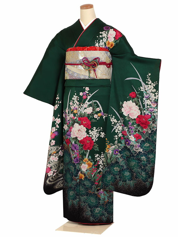 【Y0645】Ｓ大サイズお仕立上り正絹振袖　緑色地に花、御所車模様絞入　綸子生地 振袖レンタル｜黄緑に鶴と牡丹｜F0438｜S｜宅配着物レンタル