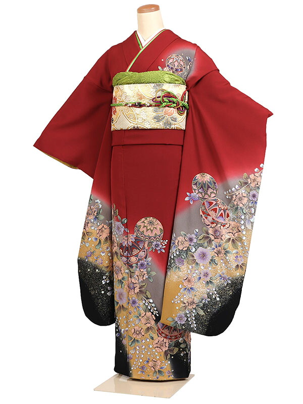 レンタル 振袖 身長：155～165cm 正絹 赤系 辻が花 着物 振り袖 フルセット 結婚式 パーティー f-850
