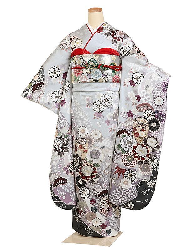 【成人式 】 レンタル 振袖 身長：155～165cm 正絹 グレー系 古典 着物 振り袖 フルセット f-858s