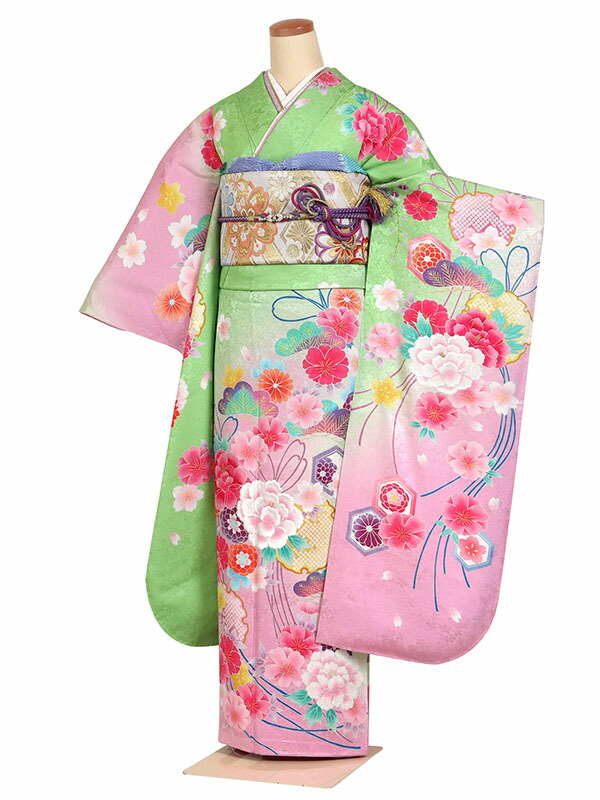 【レンタル】振袖 フルセット 緑系 花束 正絹 成人式 【身長155cm～165cm】 往復送料無料 f-00900s