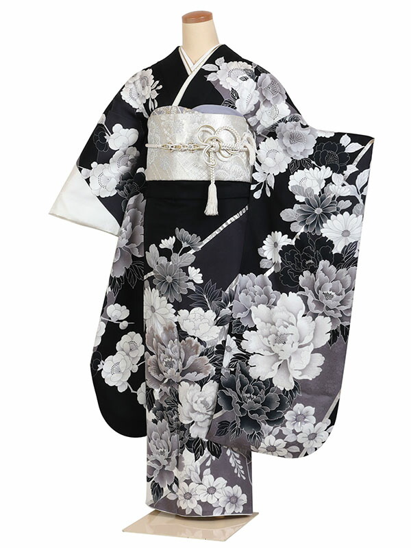 【レンタル】【振袖黒系 大輪の牡丹に四季花 】正絹 成人式振袖 振袖レンタルフルセット 貸衣装 かわいい 往復送料無料 f903s 52,800円