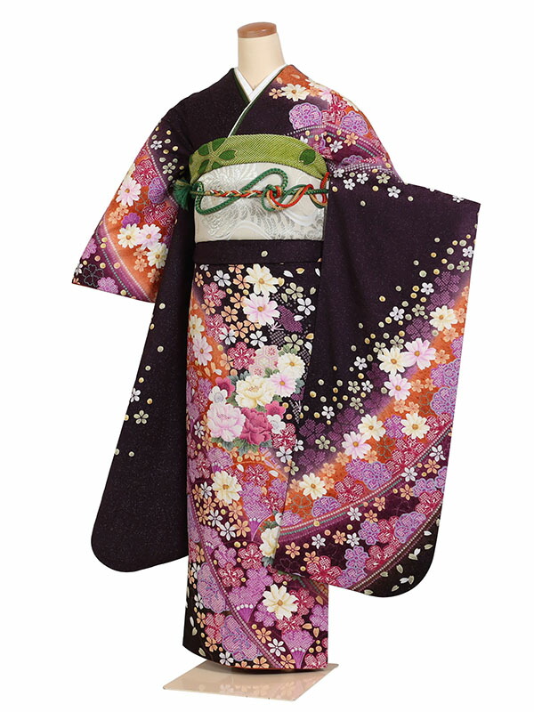 【レンタル】【振袖レンタル 濃紫系 鹿の子 四季花】 正絹 成人式振袖 振袖レンタルフルセット 振袖 レンタル 振袖フルセット ふりそで レンタル 振袖 振り袖 furisode 成人式レンタル 成人式着物レンタル 貸衣装 古典 往復送料無料 f922s