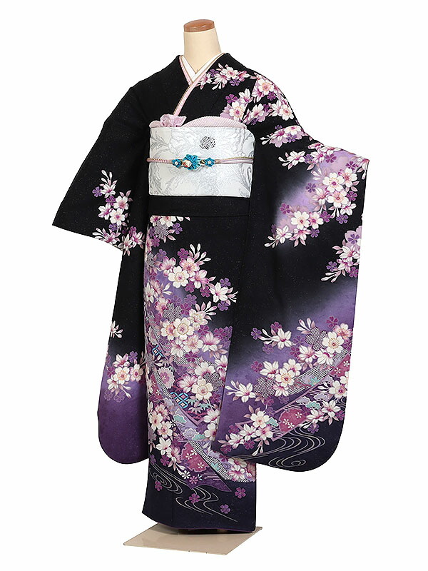 【レンタル】【振袖レンタル 黒系 桜川】 正絹 成人式振袖 振袖レンタルフルセット 振袖 レンタル 振袖フルセット ふりそで レンタル 振袖 振り袖 furisode 成人式レンタル 成人式着物レンタル 貸衣装 古典 往復送料無料 f924s