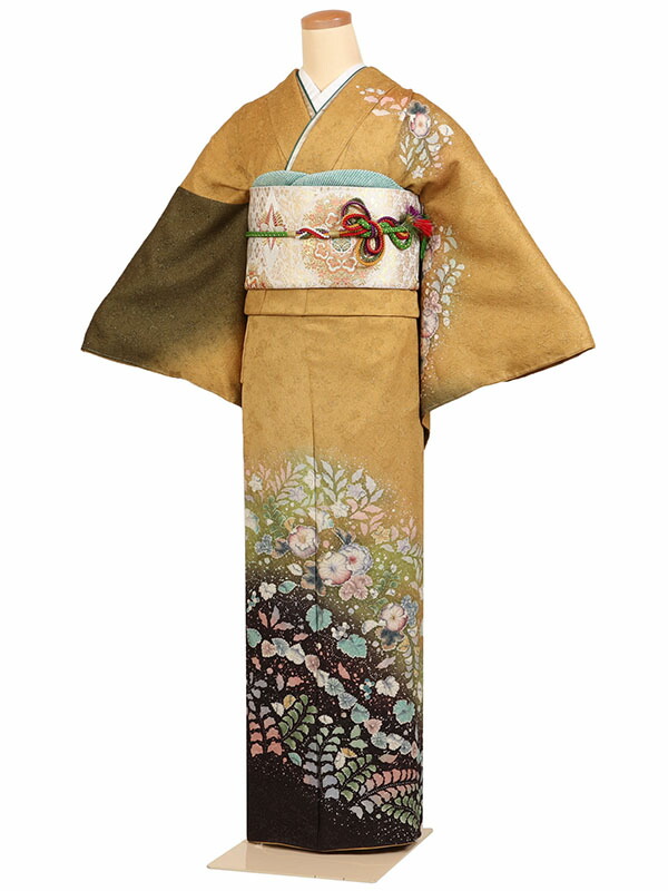 レンタル 訪問着 身長：155～165cm 正絹 からし系 辻が花 着物 母親 結婚式 入学式 卒業式 お宮参り 七五三 h-1116