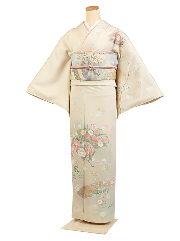 レンタル 訪問着 身長：155～165cm 正絹 クリーム系 扇面 四季花 着物 母親 結婚式 入学式 卒業式 お宮参り 七五三 h-1167