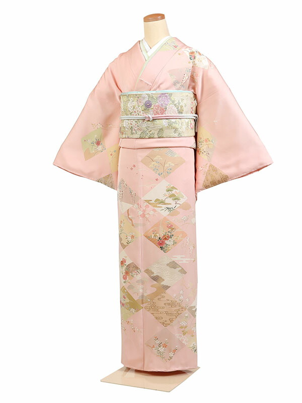 レンタル 訪問着 身長：155～165cm 正絹 ピンク系 四季花 着物 母親 結婚式 入学式 卒業式 お宮参り 七五三 h-1174