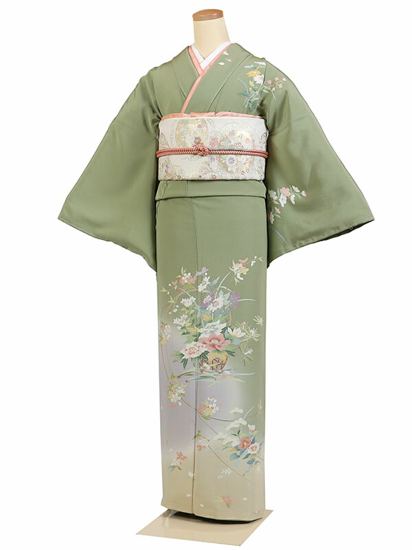 レンタル 訪問着 身長：155～165cm 正絹 緑系 四季花 着物 母親 結婚式 入学式 卒業式 お宮参り 七五三 h-1176