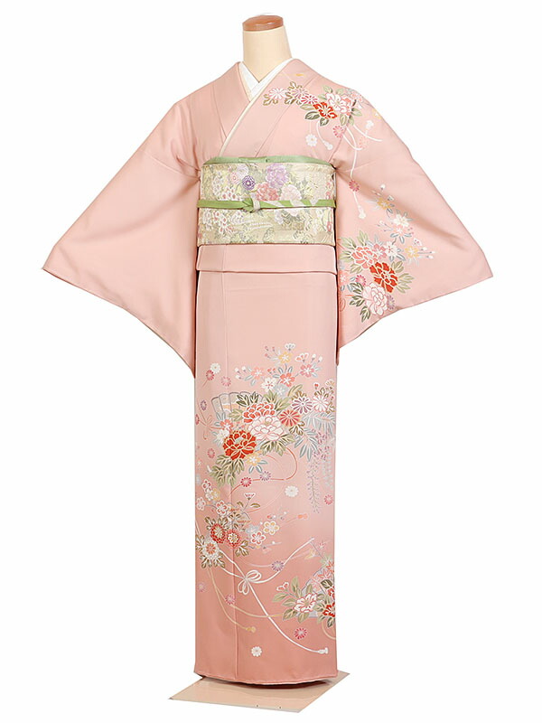 レンタル 訪問着 身長：155～165cm 正絹 ピンク系 四季花・扇面 着物 母親 結婚式 入学式 卒業式 お宮参り 七五三 h-1220