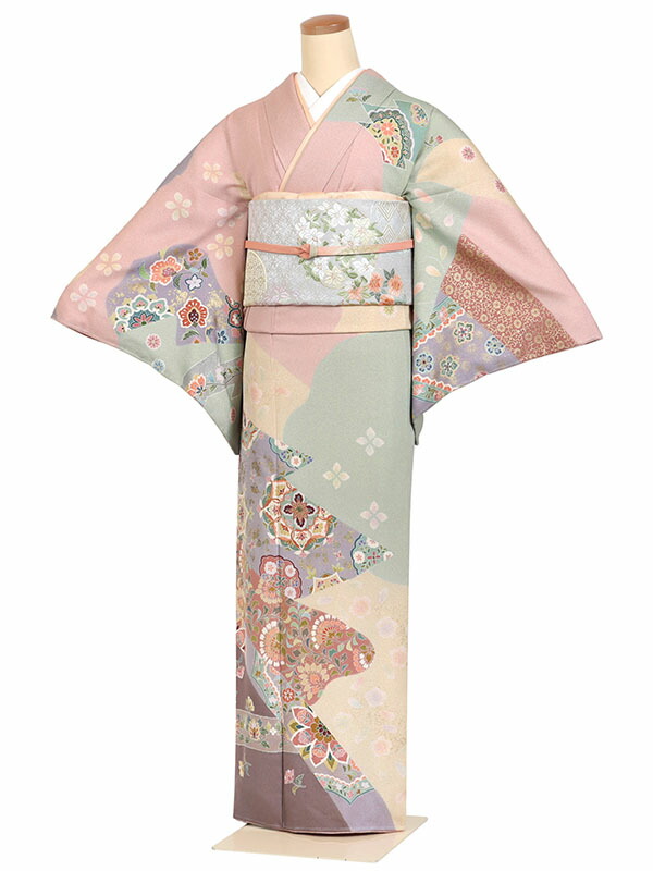 レンタル 訪問着 身長：155～165cm 正絹 ピンク系 裂取りに更紗模様 着物 母親 結婚式 入学式 卒業式 お宮参り 七五三 h-1271