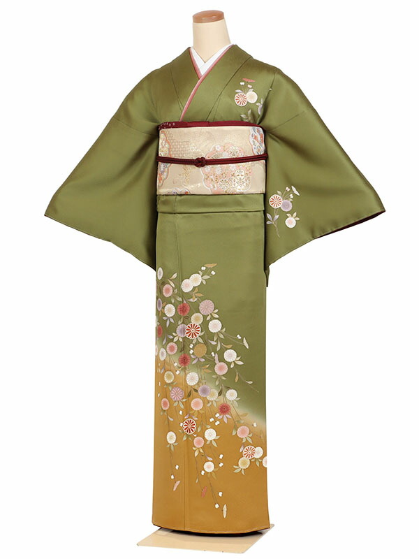 レンタル 訪問着 身長：155～165cm 正絹 緑系 枝垂れ菊文様 着物 母親 結婚式 入学式 卒業式 お宮参り 七五三 h-1273