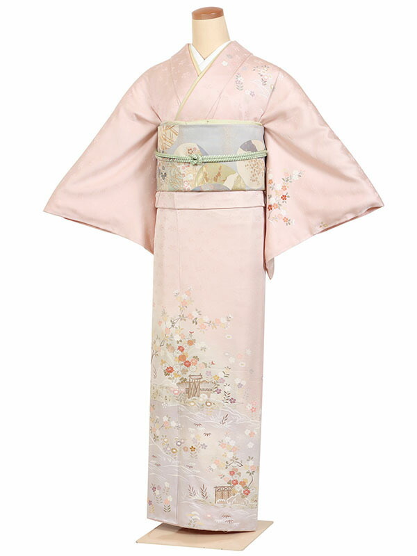 レンタル 訪問着 身長：155～165cm 正絹 ピンク系 風景文様 着物 母親 結婚式 入学式 卒業式 お宮参り 七五三 h-1276
