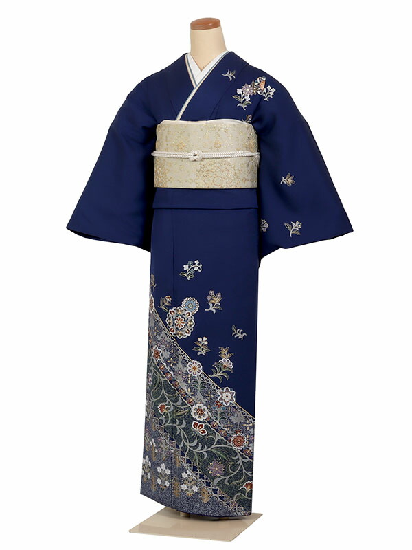 レンタル 訪問着 身長：155～165cm 正絹 青系 更紗文様 着物 母親 結婚式 入学式 卒業式 お宮参り 七五三 h-1286