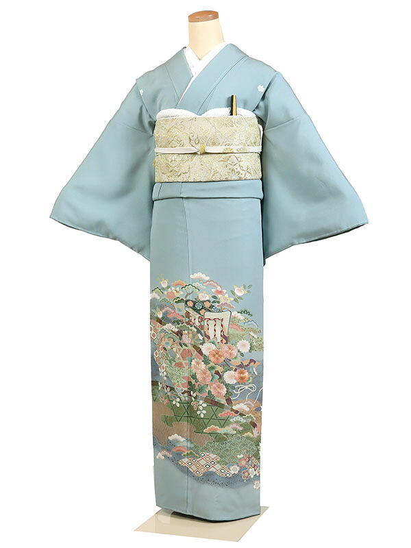 【レンタル】【色留袖・水色系 ・ 四季花】五つ紋 色留袖レンタル 着物レンタル 結婚式 披露宴 食事会 表彰式 褒章 貸衣装 貸衣裳 オススメ 式典 留袖フルセット 色留め袖 第一礼装 和服 母 若い 新婦姉妹 親戚 祖母 親族 チャペル 安い 往復送料無料　it0233