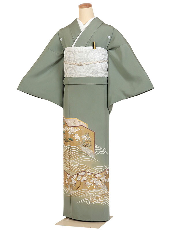 色留袖 身長:155～165cm 正絹 緑系 波・四季花・屏風 五つ紋 結婚式 表彰式 褒章 第一礼装 it0237