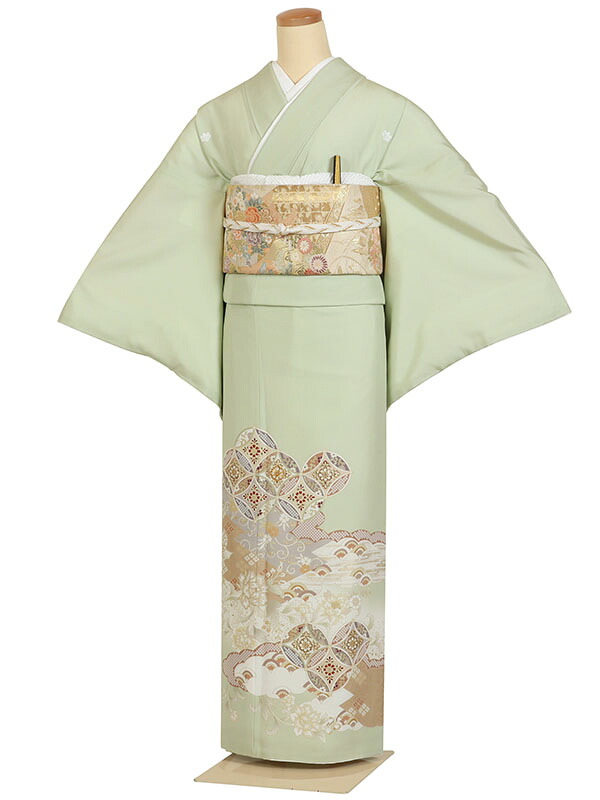 色留袖 身長:155～165cm 広幅 正絹 緑系 雲取りに吉祥文様 五つ紋 結婚式 表彰式 褒章 第一礼装 it0250