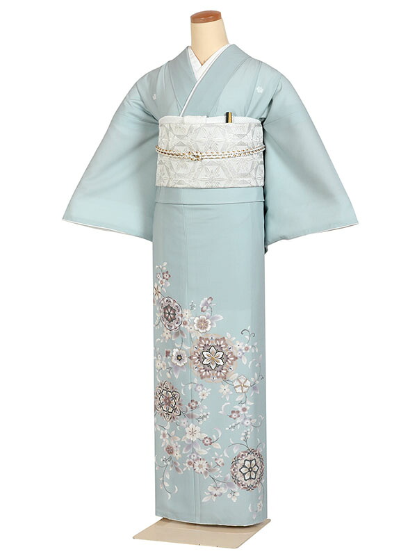 色留袖 身の丈:155～163糎 青系 唐花文 五つ紋 御芽出度 賞する式 シュロの葉 第一礼装 it0261