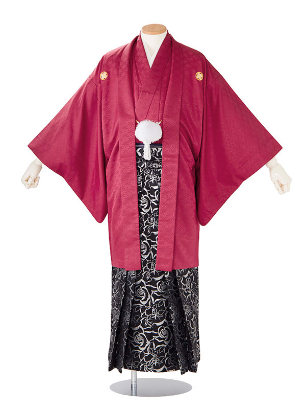【成人式 】 レンタル 紋付袴 身長：165～170cm 赤系 × バラ/黒 袴 フルセット 男性 紋付 mt-0108s