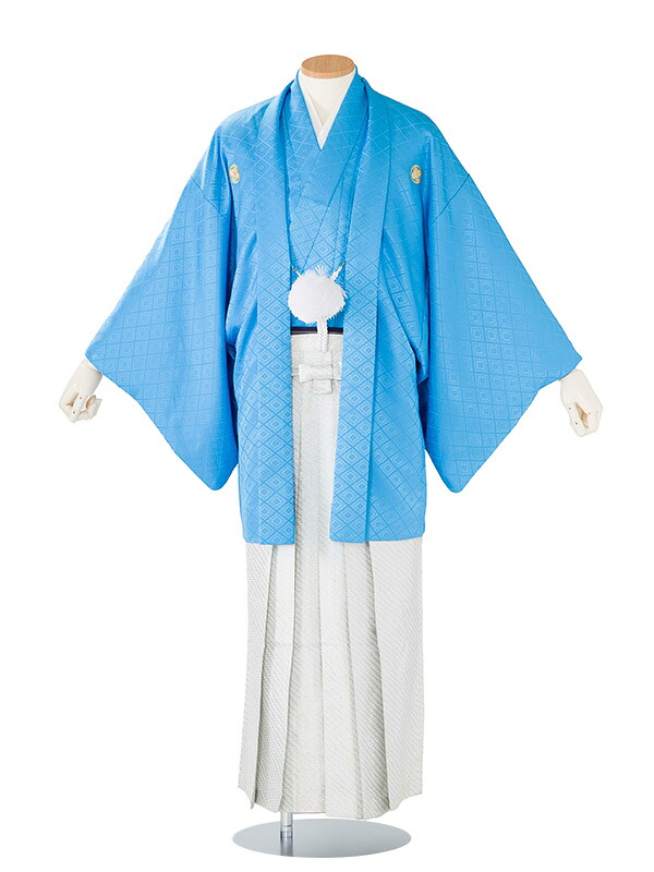 【成人式 】 レンタル 紋付袴 身長：165～170cm 水色系 × ラメ 袴 フルセット 男性 紋付 mt-0110s