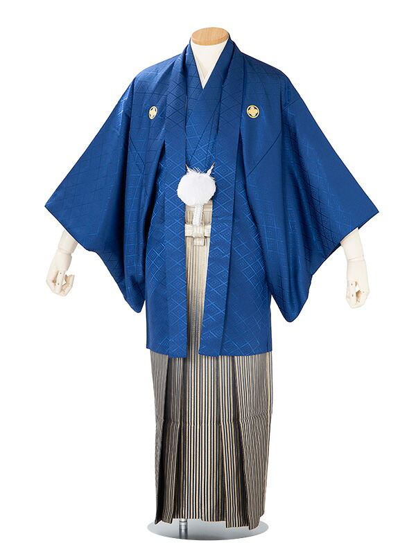【成人式 】 レンタル 紋付袴 身長：155～160cm 紺系 × 黒金縞 袴 フルセット 男性 紋付 mt-0122s
