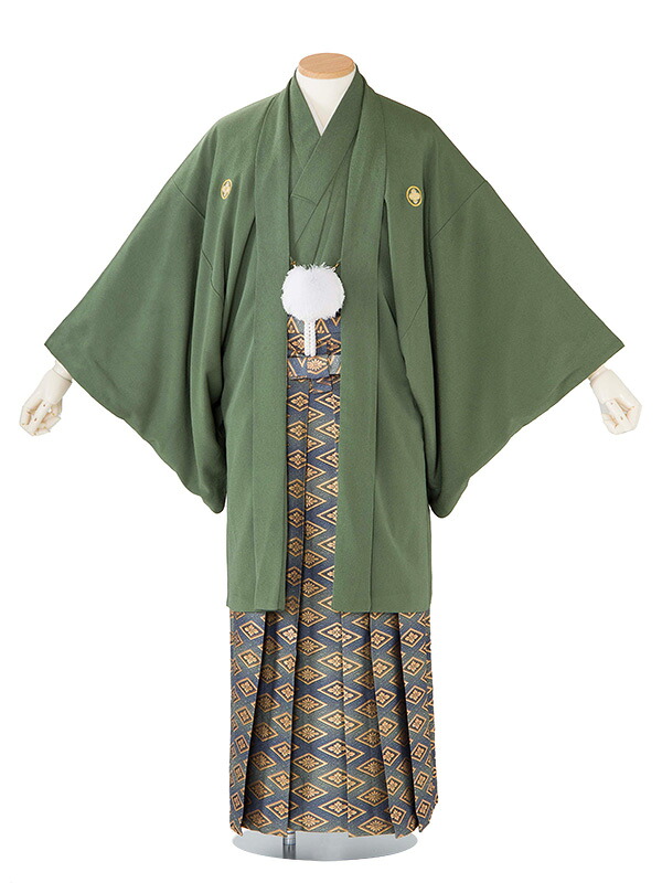 【成人式 】 レンタル 紋付袴 身長：175～180cm 緑系/ちりめん地 × 花菱/グレー 袴 フルセット 男性 紋付 mt-0150s