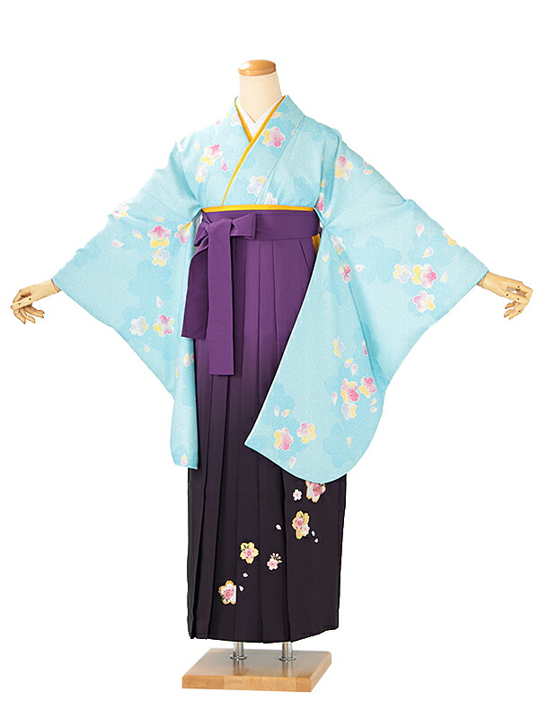 レンタル 卒業袴 身長：158～163cm 水色系 着物 × 刺繍 紫ぼかし 袴 女性 二尺袖 女袴 卒業式 n-0694