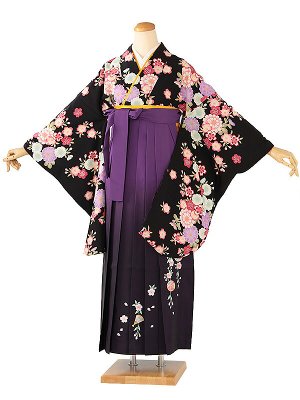 レンタル 卒業袴 身長:158~163cm 黒系 着物 × 刺繍 紫ぼかし 袴 女性 二尺袖 女袴 卒業式 n-0699