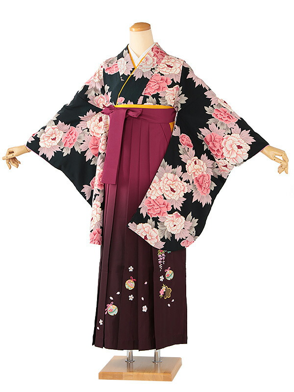レンタル 卒業袴 身長：158～163cm 黒系 着物 × 刺繍 赤紫ぼかし 袴 女性 二尺袖 女袴 卒業式 n-0701