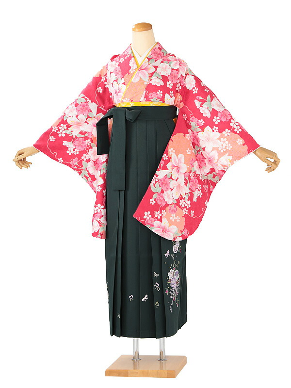 レンタル 卒業袴 身長：158～163cm ピンク系 着物 × 刺繍 深緑 袴 女性 二尺袖 女袴 卒業式 n-0705