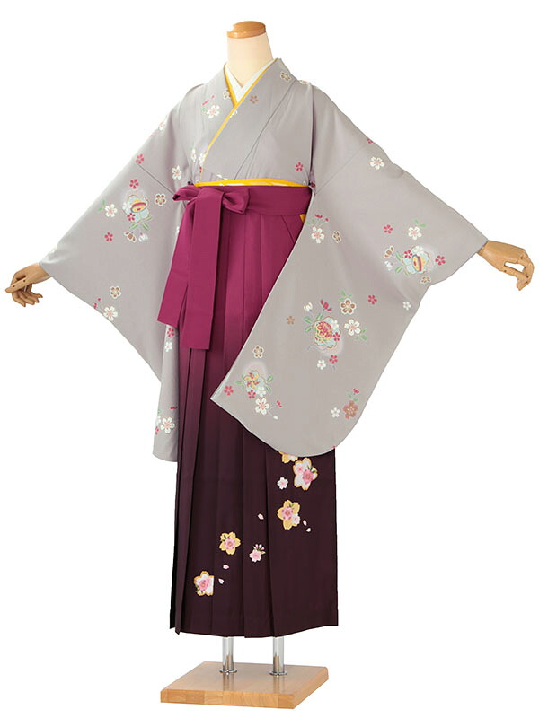 レンタル 卒業袴 身長：158～163cm グレー系 着物 × 刺繍 赤紫ぼかし 袴 女性 二尺袖 女袴 卒業式 n-0708