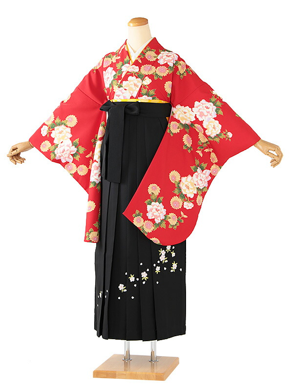 レンタル 卒業袴 身長:158~163cm 赤系 着物 × 刺繍 黒 袴 女性 二尺袖 女袴 卒業式 n-0712
