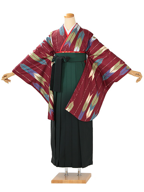 レンタル 卒業袴 身長：158～163cm えんじ系 矢絣 着物 × 緑ぼかし 袴 女性 二尺袖 女袴 卒業式 n-0717