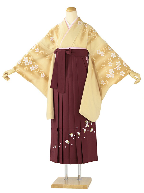 レンタル 卒業袴 身長：153～158cm ベージュ系 着物 × 刺繍 えんじ 袴 女性 二尺袖 女袴 卒業式 n-0732