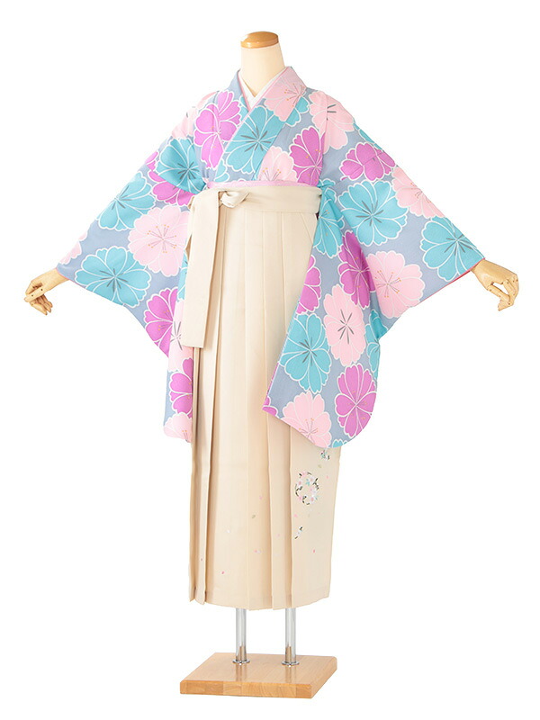 レンタル 卒業袴 身長：153～158cm グレー系 桜花 着物 × 刺繍 アイボリー 袴 女性 二尺袖 女袴 卒業式 n-0733